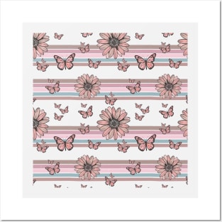 Retro Daisies floral pattern design with butterflies Posters and Art